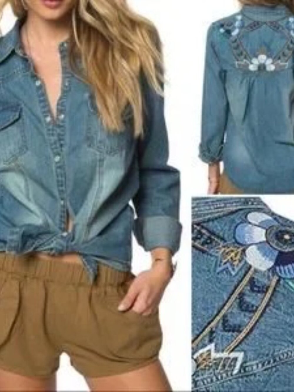 O'Neill Embroidered Denim Snap-Button-Down Shirt Blue